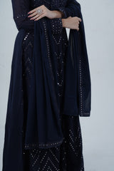 Elegant  Floor-Length Gown with Embroidery & Sequins - Navy Blue