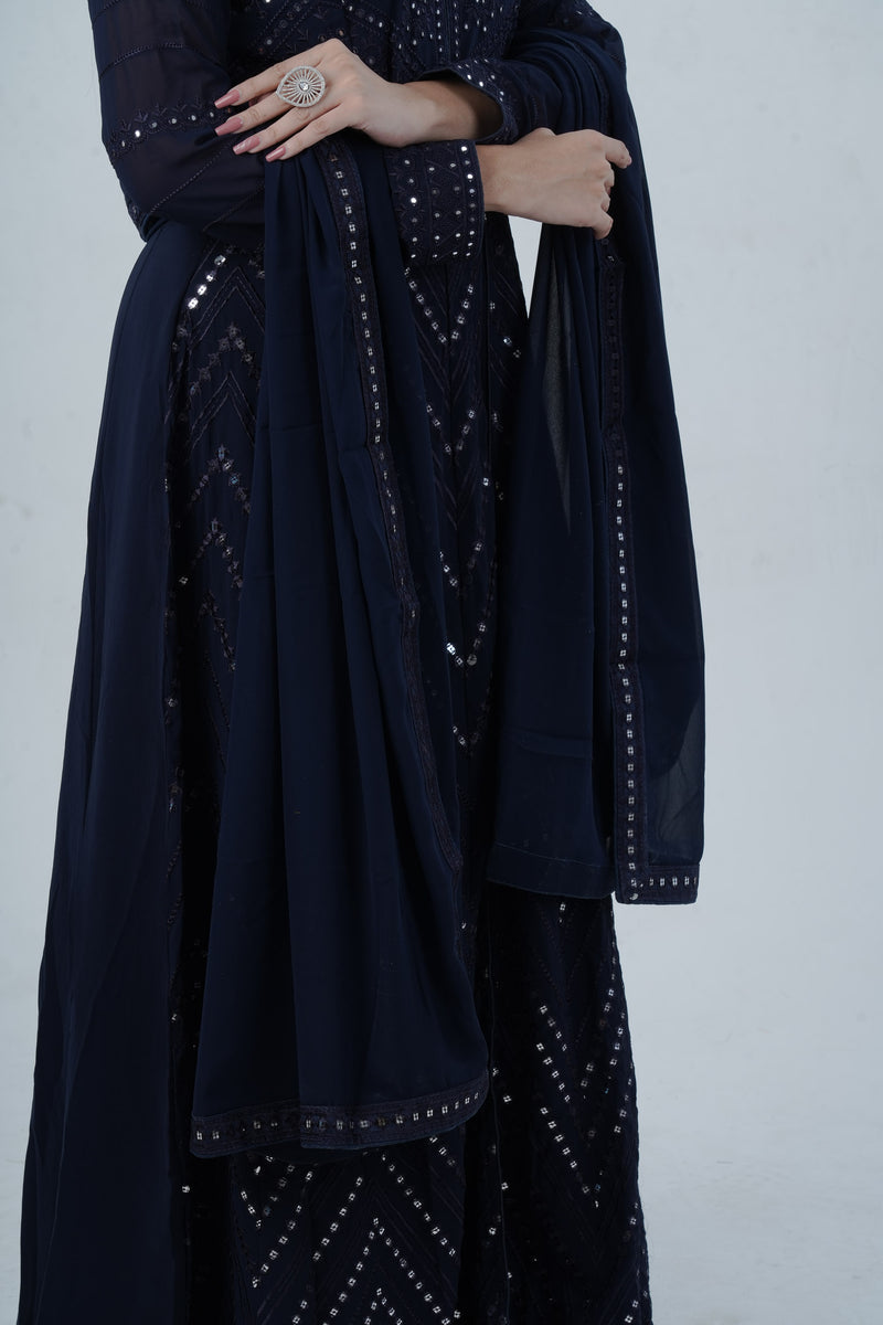 Elegant  Floor-Length Gown with Embroidery & Sequins - Navy Blue