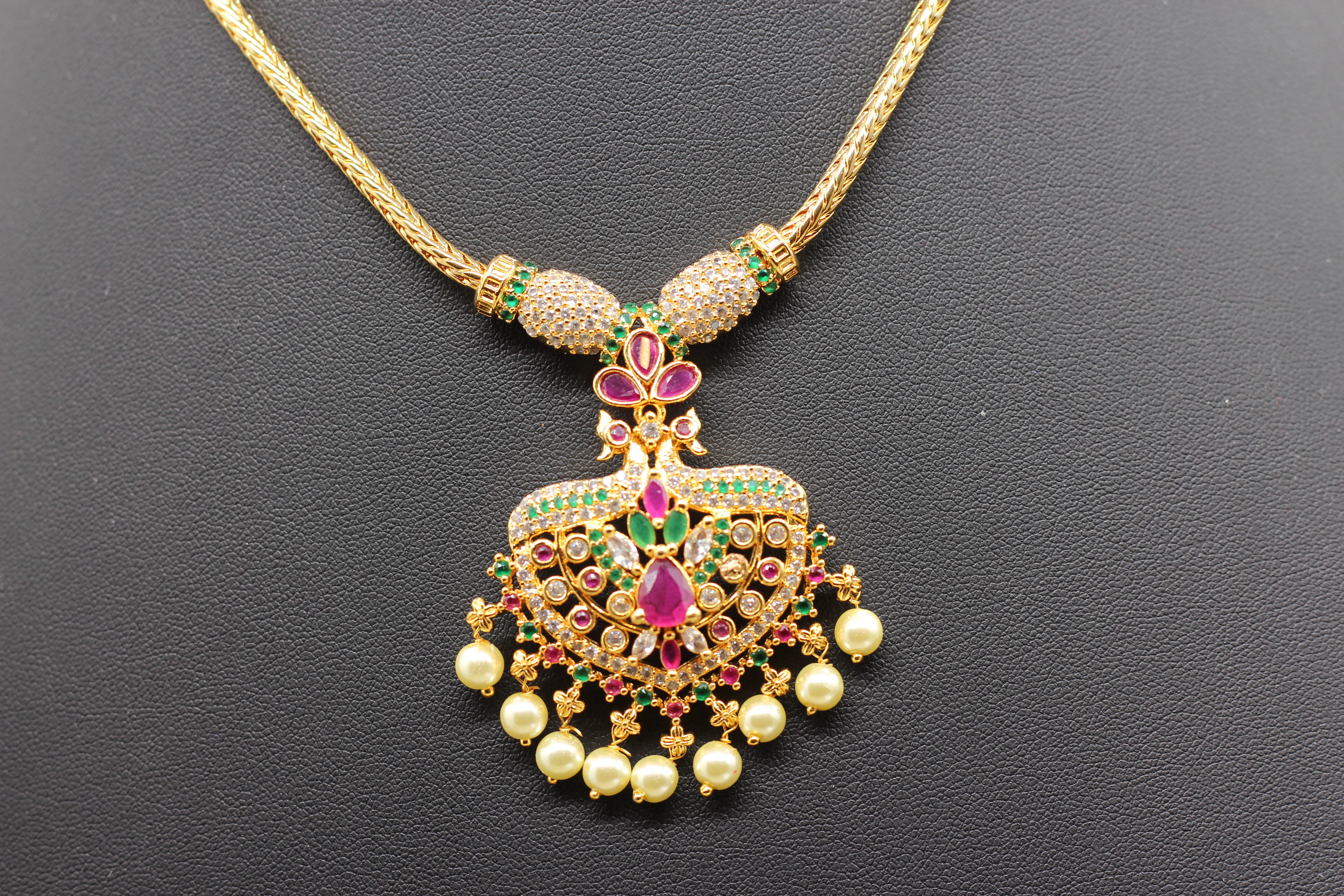 Attigai Pink Stone & Bead Chain and Earring Set in Gold Polish Jewelry JCS Fashions