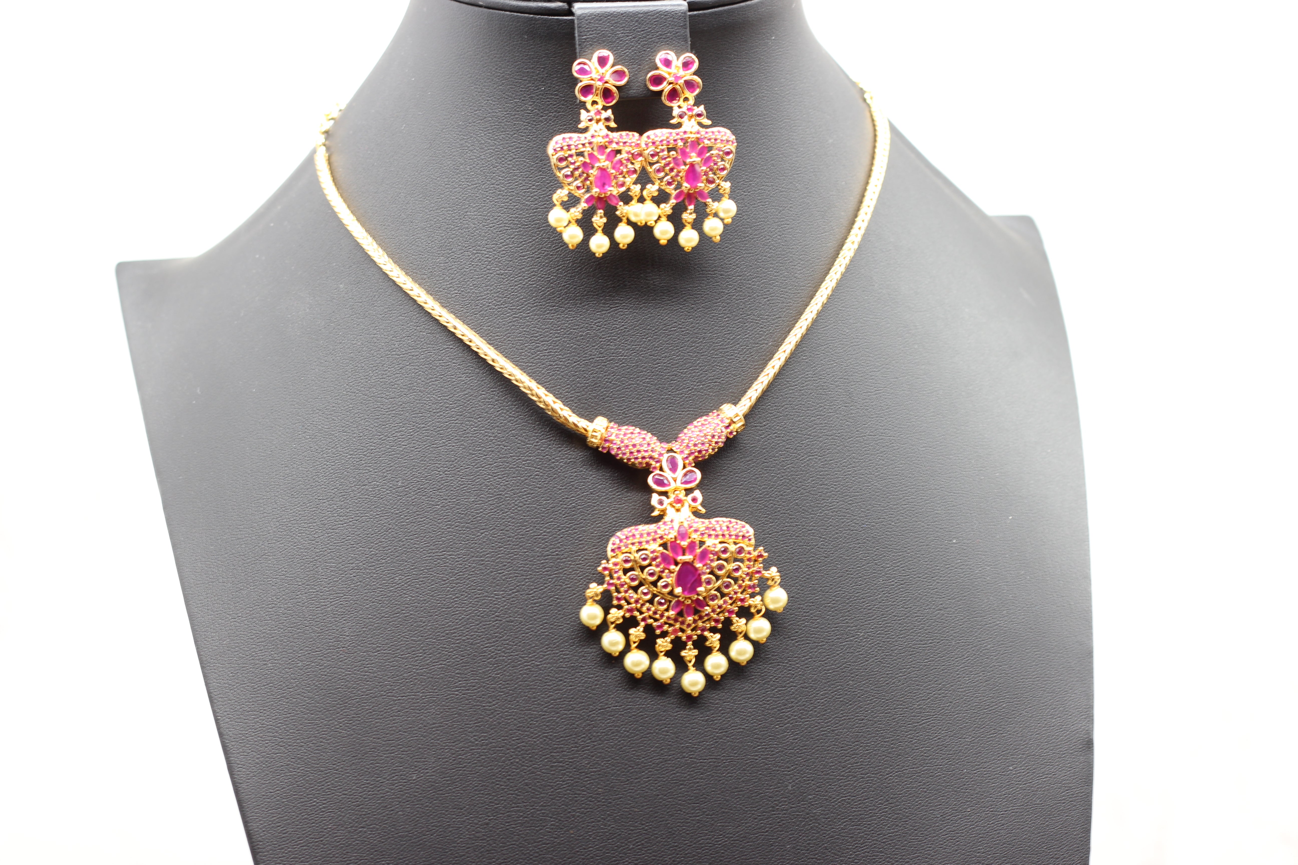 Attigai Pink Stone & Bead Chain and Earring Set in Gold Polish Jewelry JCS Fashions