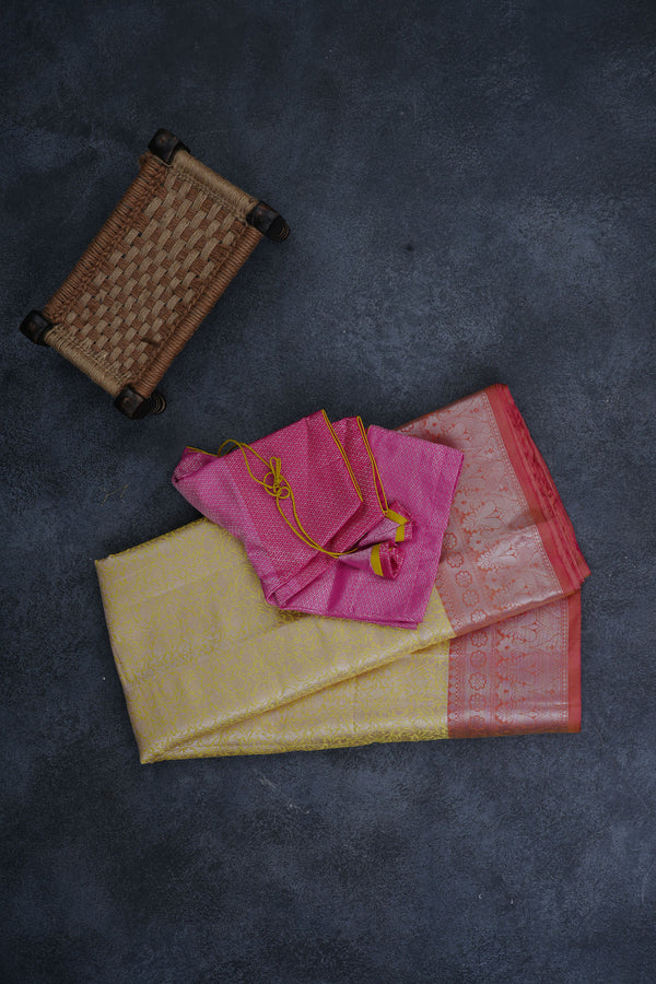 Lemon Yellow Banarasi Soft Silk Saree with Silver Weaving Brocade