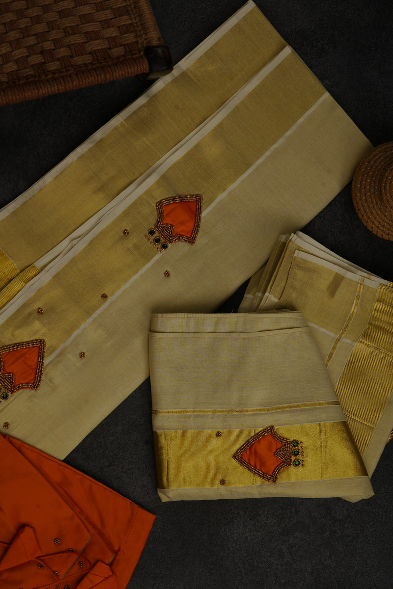 Exquisite Golden Tissue Palakkat Set Mundu with Aari Work
