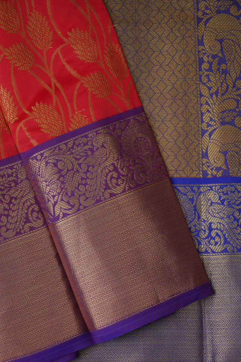Kanchipuram Handloom Silk Saree: Red & Purple Border | Barcode Blouse