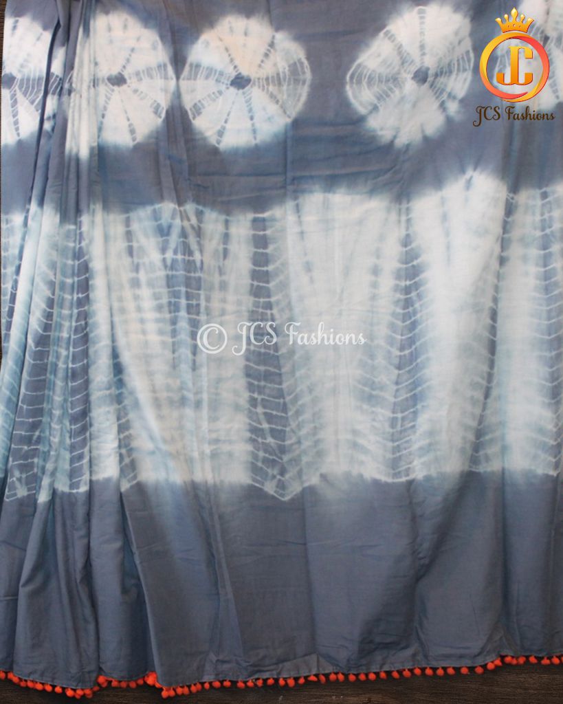 Shibori Design Mulmul Cotton Saree With Pom Lace Blouse SAREE JCS Fashions