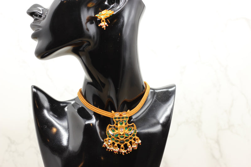 Kemp Pendant & Metal Chocker Set - Matte Attigai Pattern in Adjustable