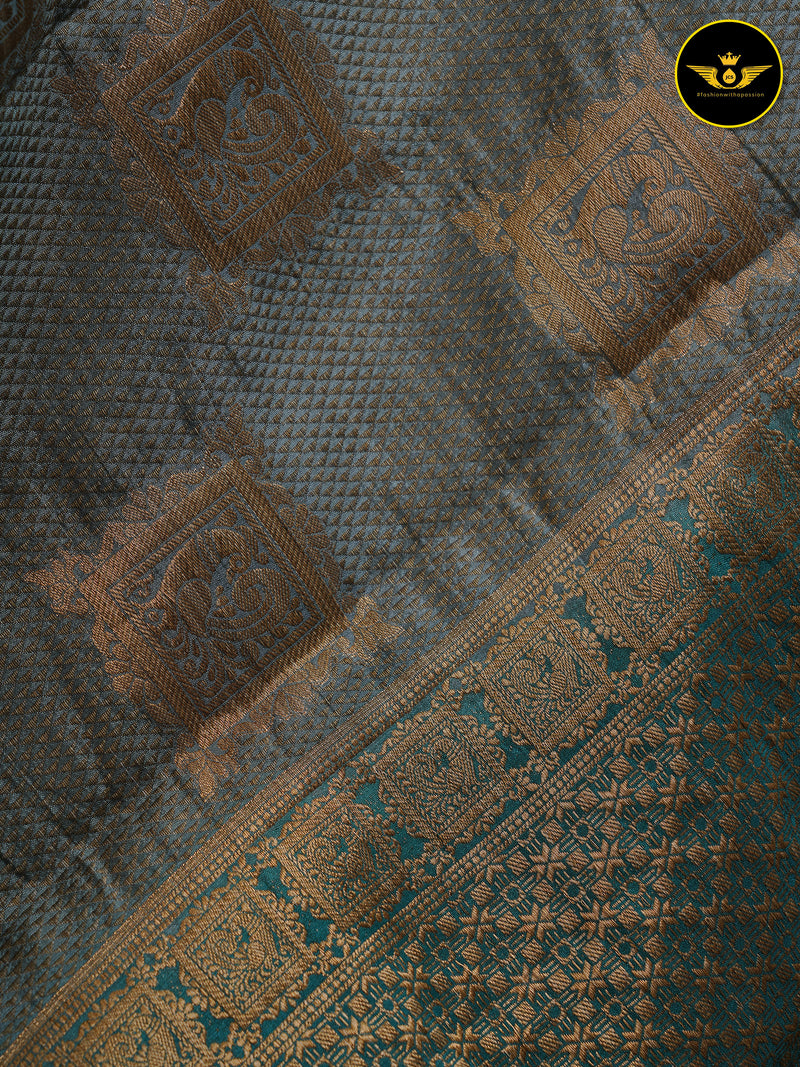 GREY Color Chanderi Silk Saree With Contrast Teal Blue Color Lace Work Blouse