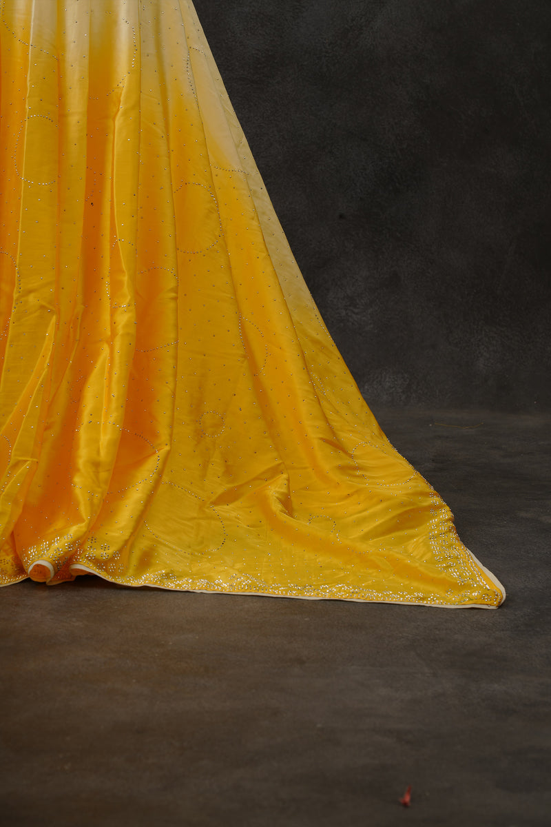 Japan Satin Saree with Diamond Studs in Light and Dark Yellow Shades
