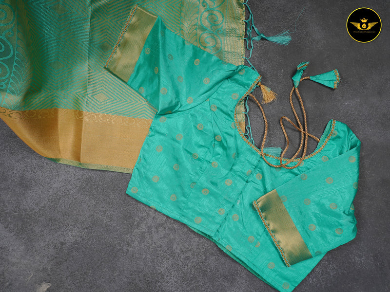 Turquoise Green Color Chanderi Silk Saree With Lace Work Blouse