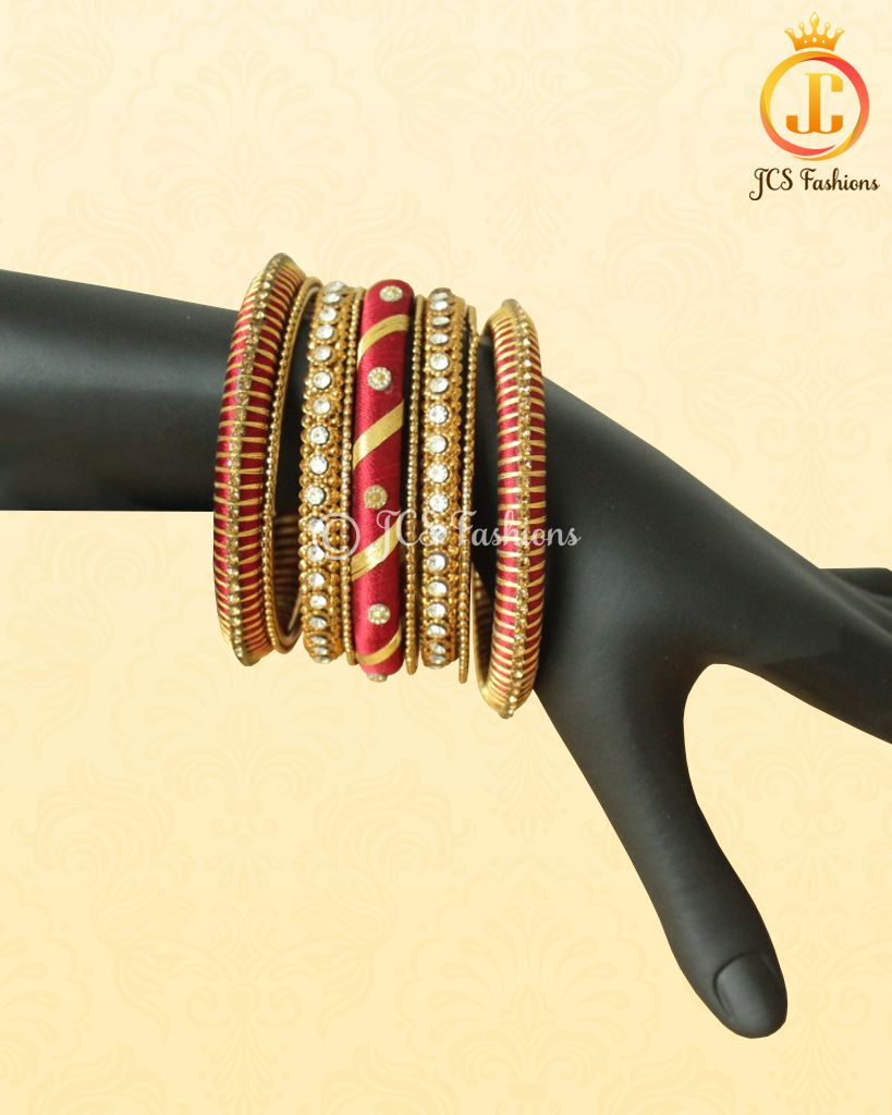 Red and Gold Silk Thread Bangles: Elegant Metal & Stone Fillers Jewelry JCS Fashions