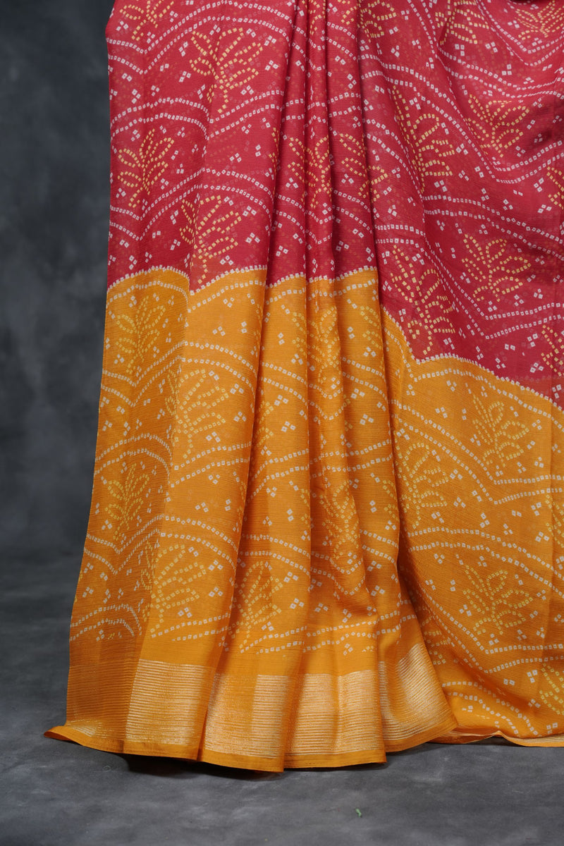 Multicolor Bandini Chiffon Sarees with Zari Border and Printed Pallu