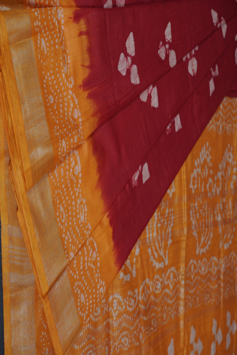 Liva Certified Linen Cotton Saree: Batik Prints and Contrast Border