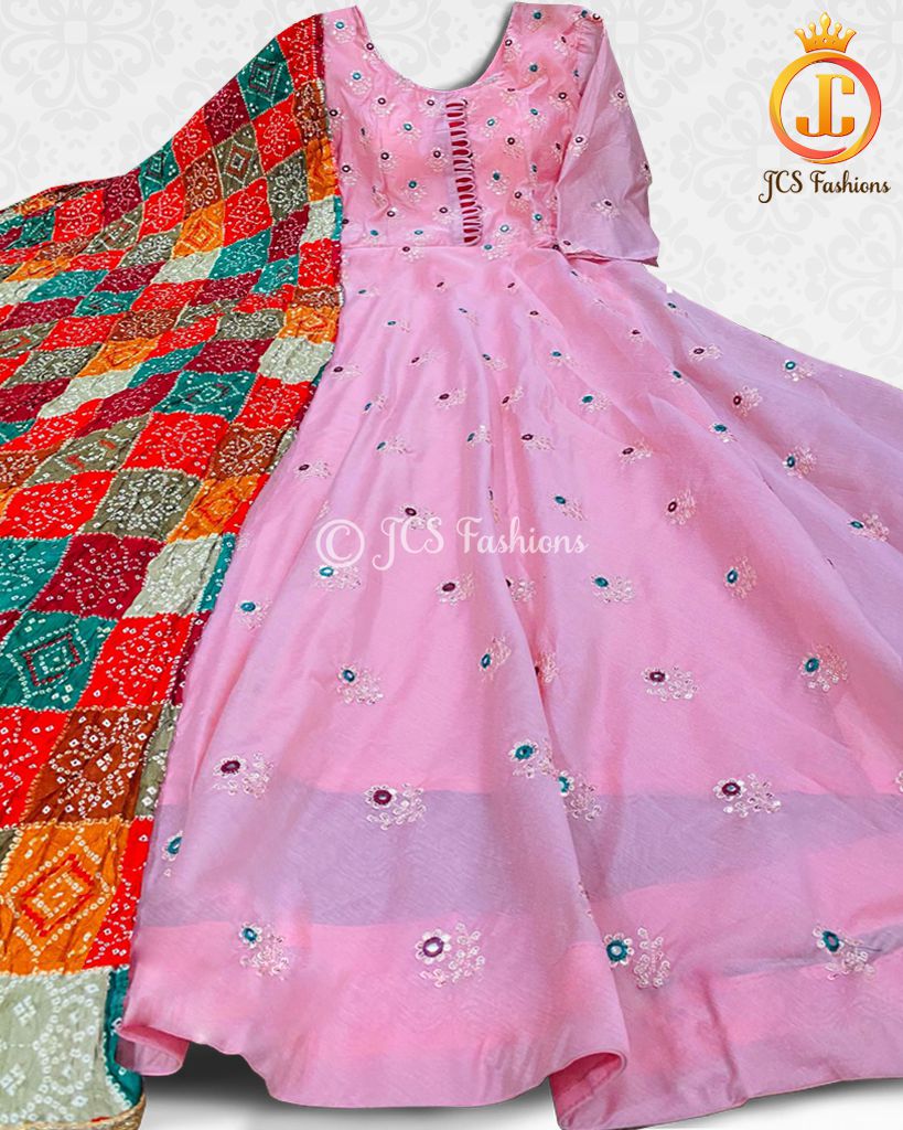 Long gown with mirror and sequins work in Pink KURTI JCS Fashions