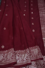 Authentic Banarasi Chiffon Saree - Silver Zari Border & Bootie Design