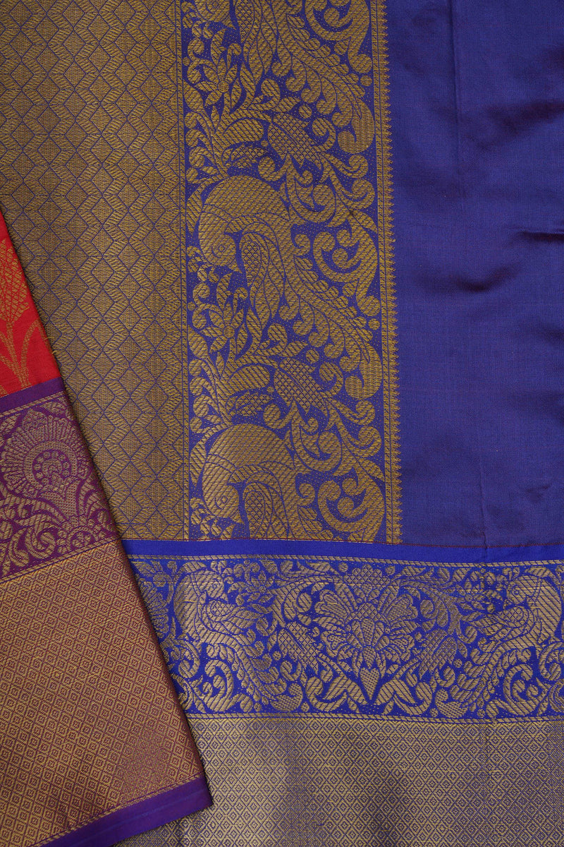 Kanchipuram Handloom Silk Saree: Red & Purple Border | Barcode Blouse