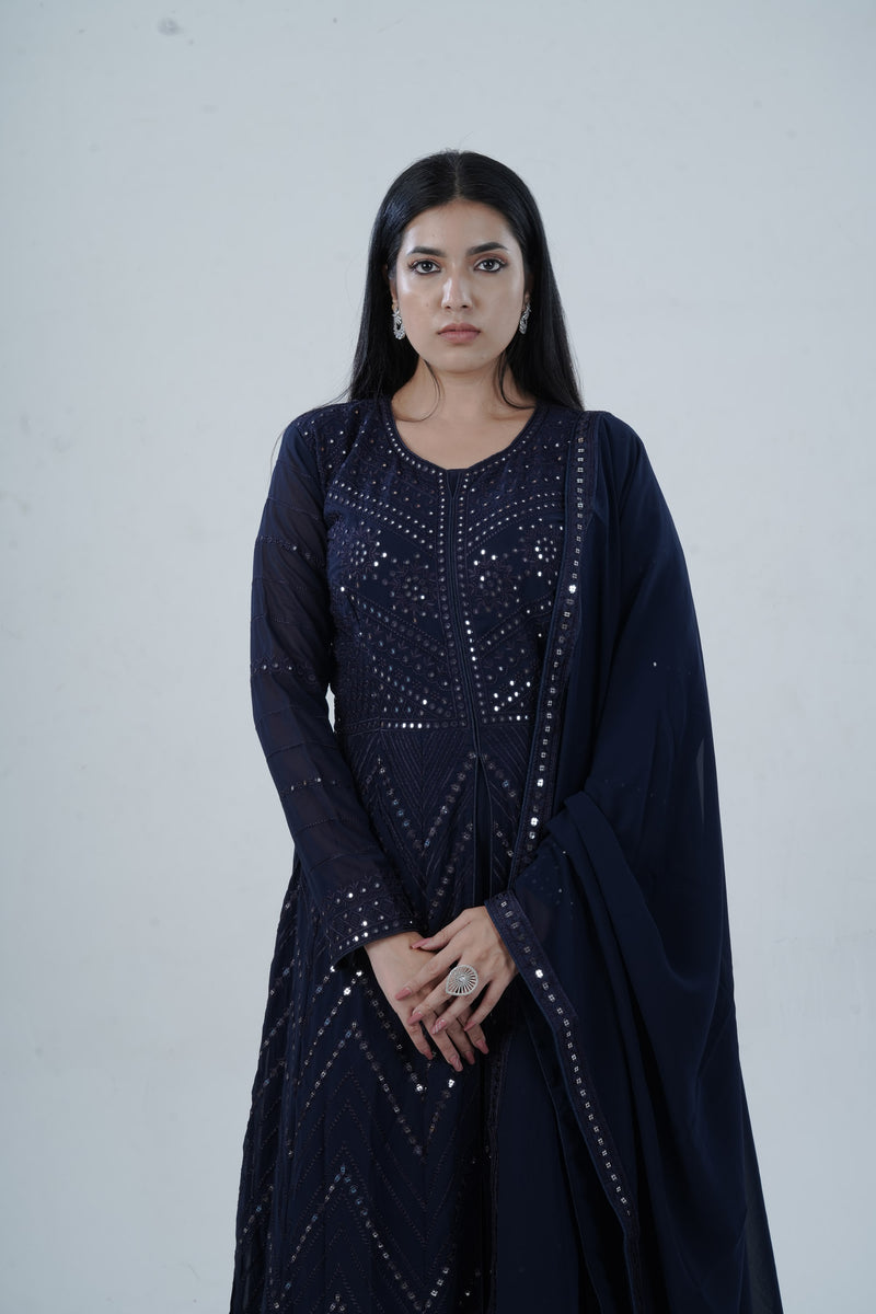 Elegant  Floor-Length Gown with Embroidery & Sequins - Navy Blue
