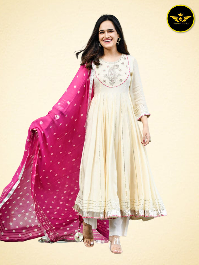 Beautiful Anarkali Gown with Bandej Dupatta in Mesmerizing White