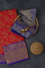 Kanchipuram Handloom Silk Saree: Red & Purple Border | Barcode Blouse