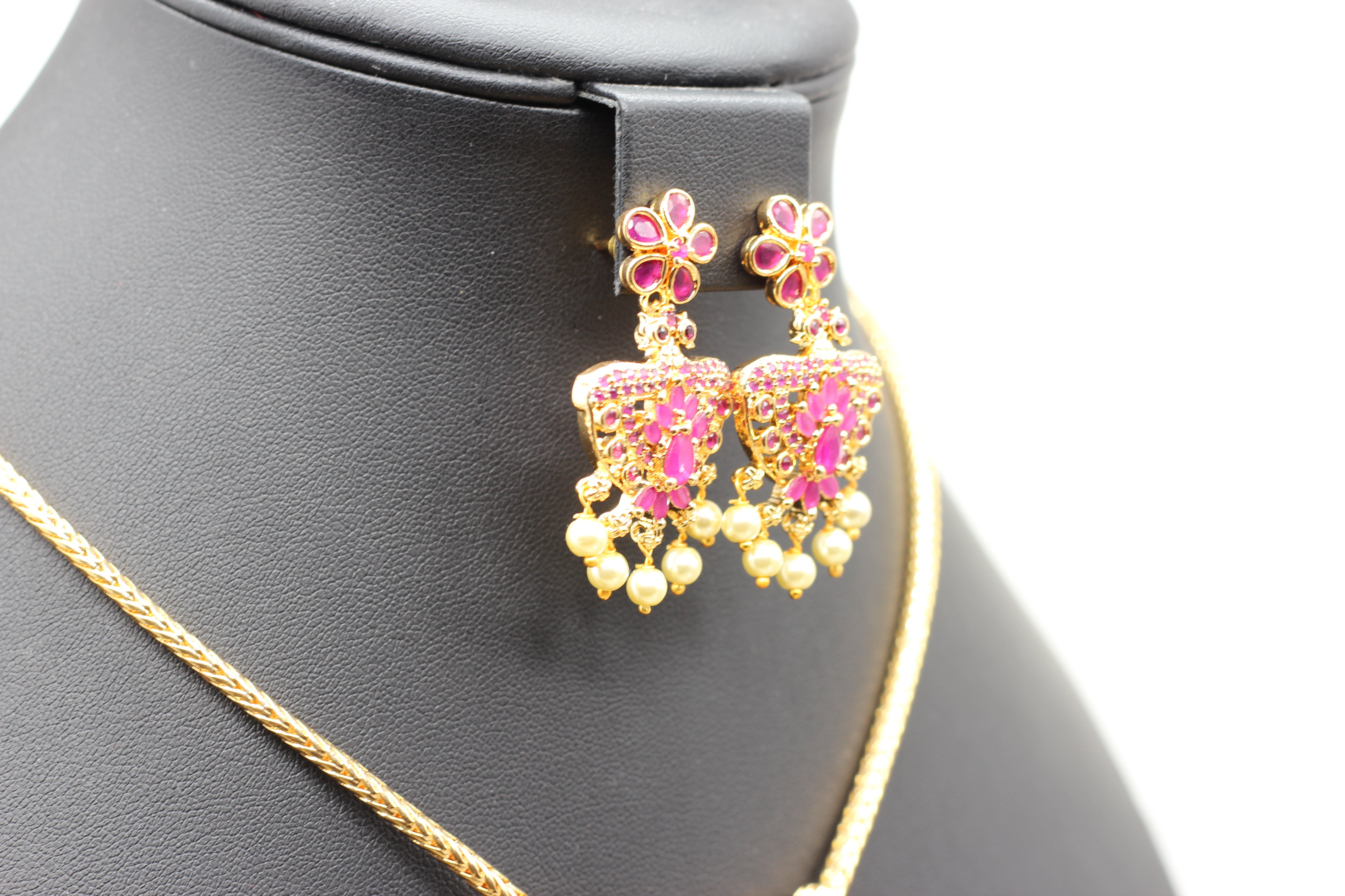 Attigai Pink Stone & Bead Chain and Earring Set in Gold Polish Jewelry JCS Fashions