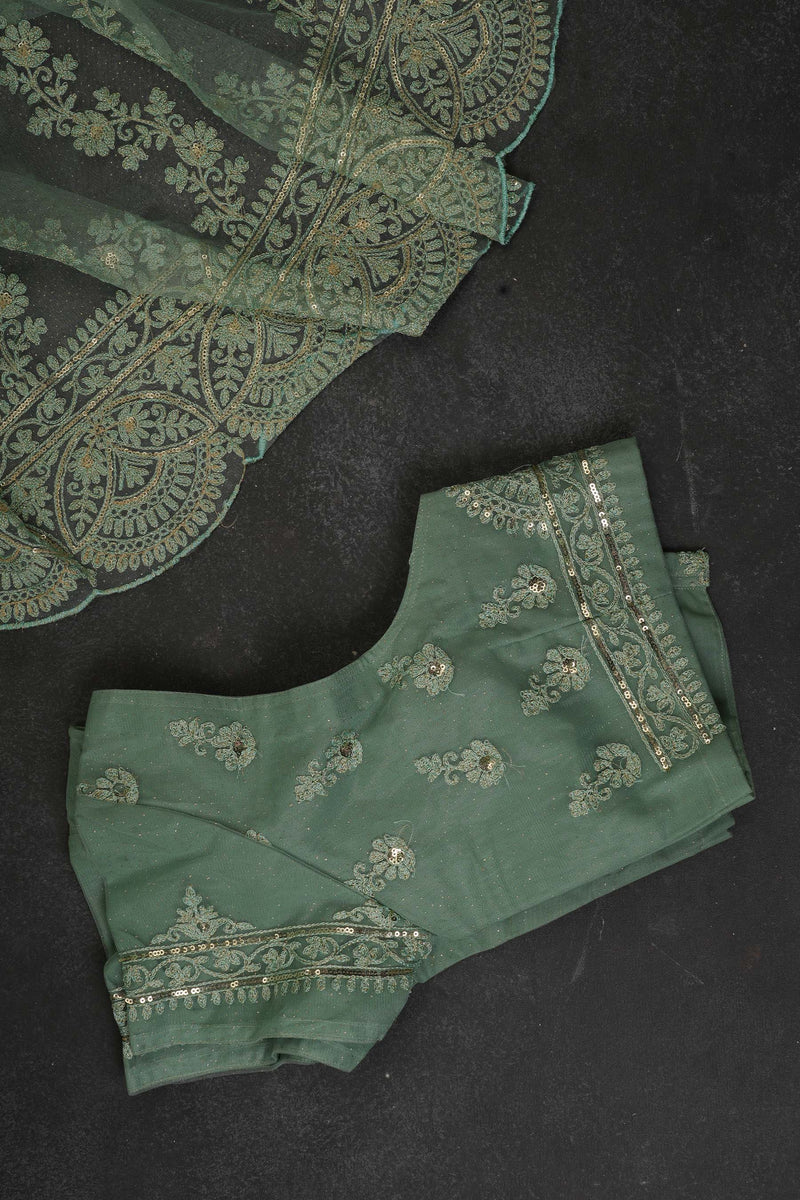 Green Net and Cut Work Sarees with Blouse stitched -JCS Fashions