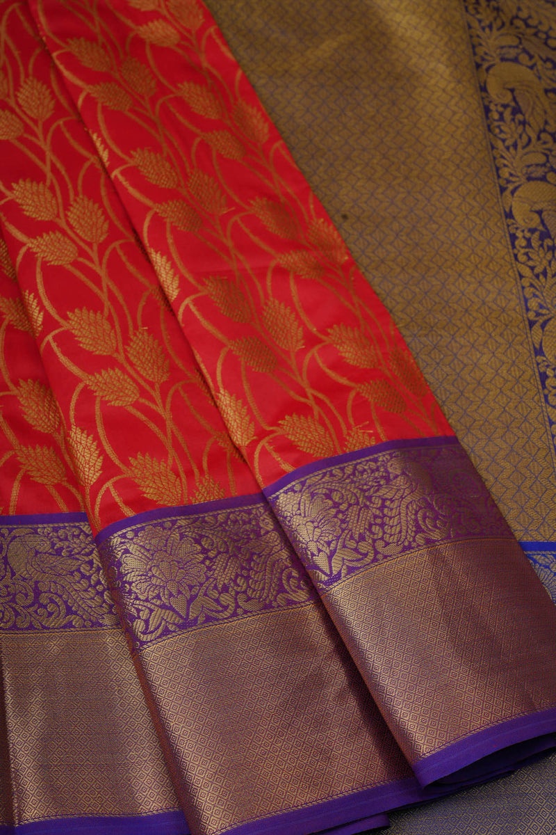 Kanchipuram Handloom Silk Saree: Red & Purple Border | Barcode Blouse