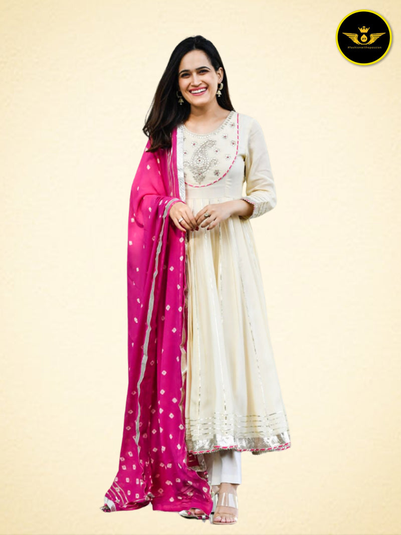 Beautiful Anarkali Gown with Bandej Dupatta in Mesmerizing White