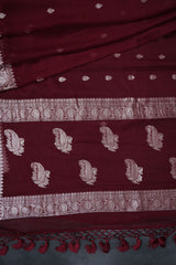 Authentic Banarasi Chiffon Saree - Silver Zari Border & Bootie Design