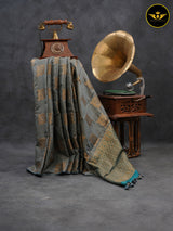 GREY Color Chanderi Silk Saree With Contrast Teal Blue Color Lace Work Blouse