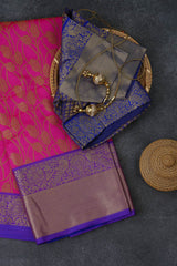 Handwoven Kanchipuram Silk Saree with Pink and Purple Border