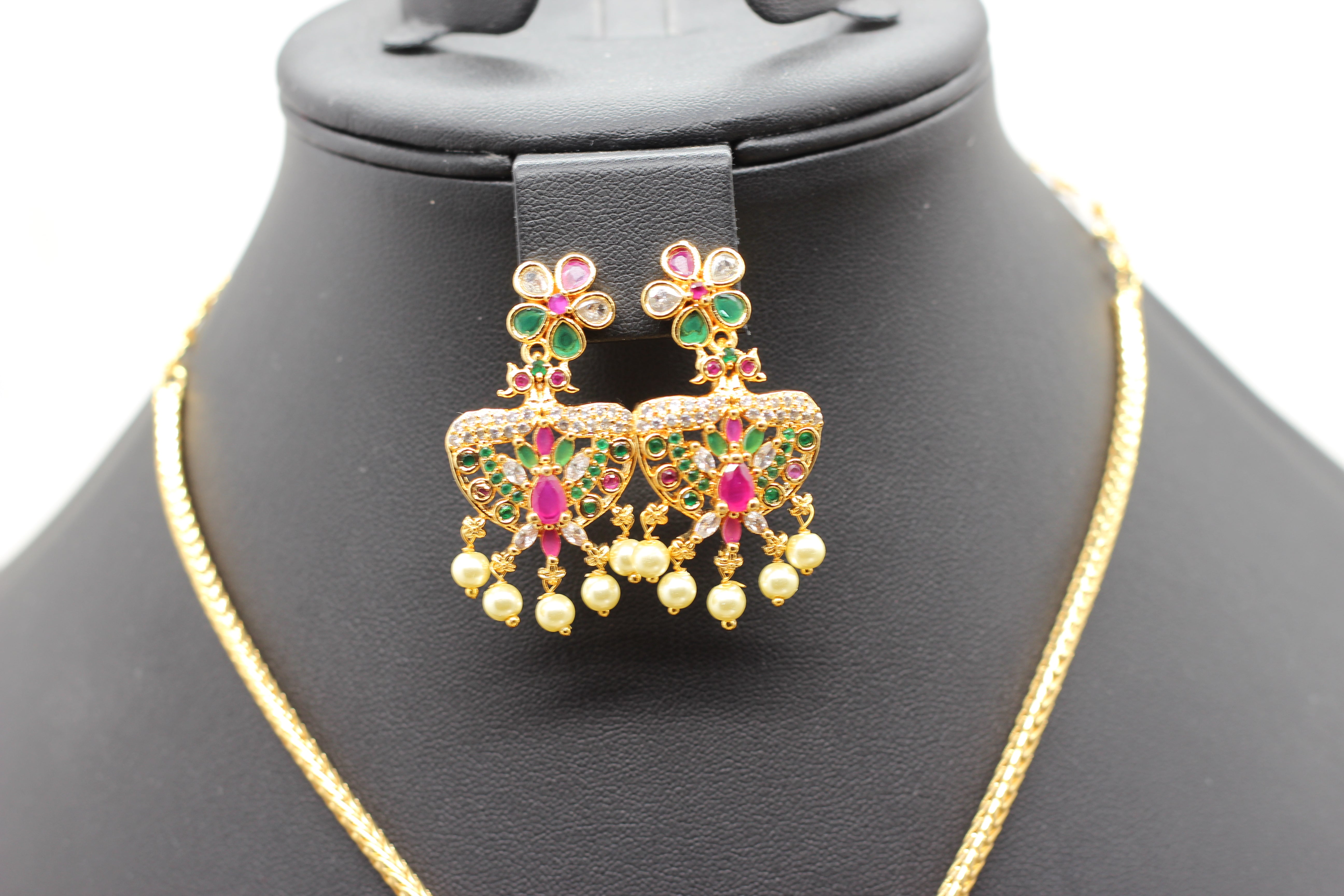 Attigai Pink Stone & Bead Chain and Earring Set in Gold Polish Jewelry JCS Fashions