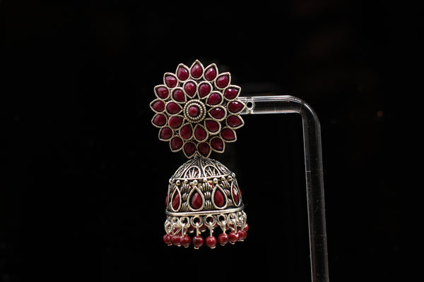 Stone Fancy Beads Jhumka Earrings in Oxidized Silver