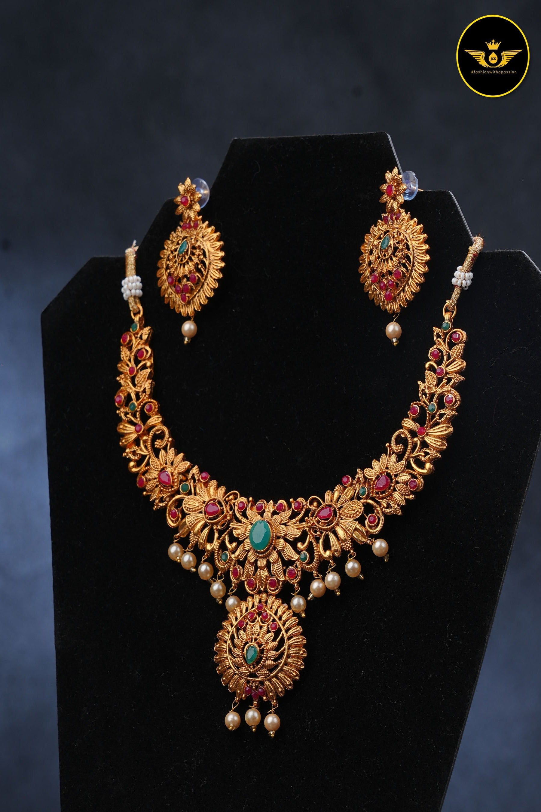 Traditional Matte Finish Neck Set with Pink and Green Stones Jewelry JCS Fashions