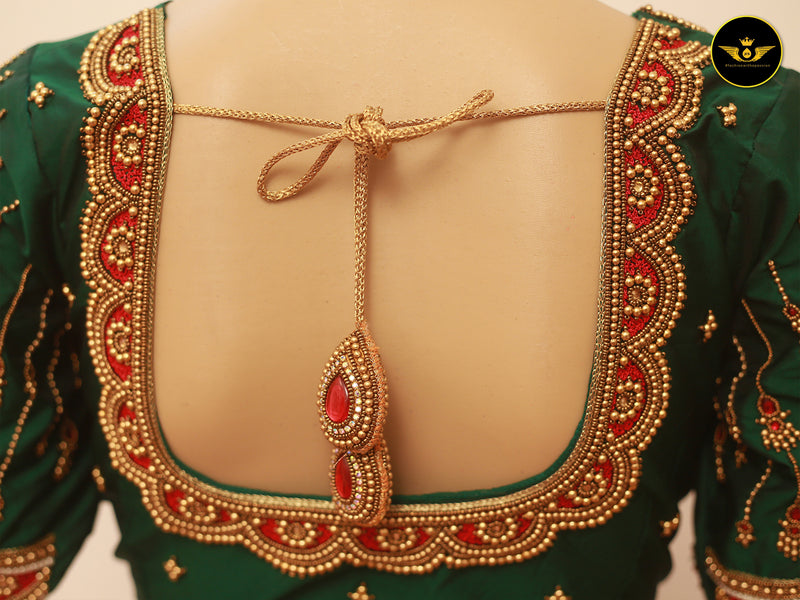 Stunning Heavy Aari Work Blouse With Captivating Latkan - Bottle Green