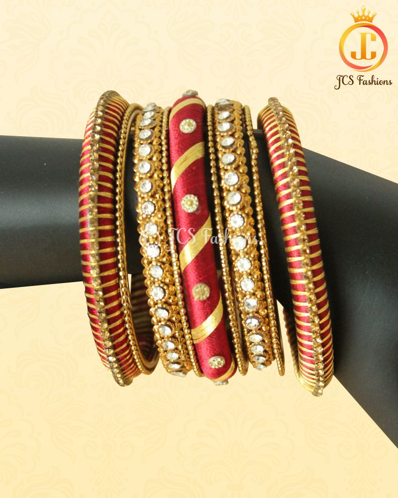 Red and Gold Silk Thread Bangles: Elegant Metal & Stone Fillers Jewelry JCS Fashions