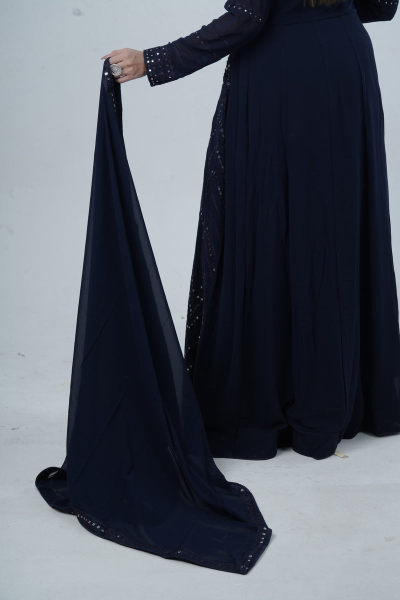 Elegant  Floor-Length Gown with Embroidery & Sequins - Navy Blue