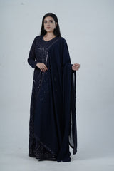 Elegant  Floor-Length Gown with Embroidery & Sequins - Navy Blue