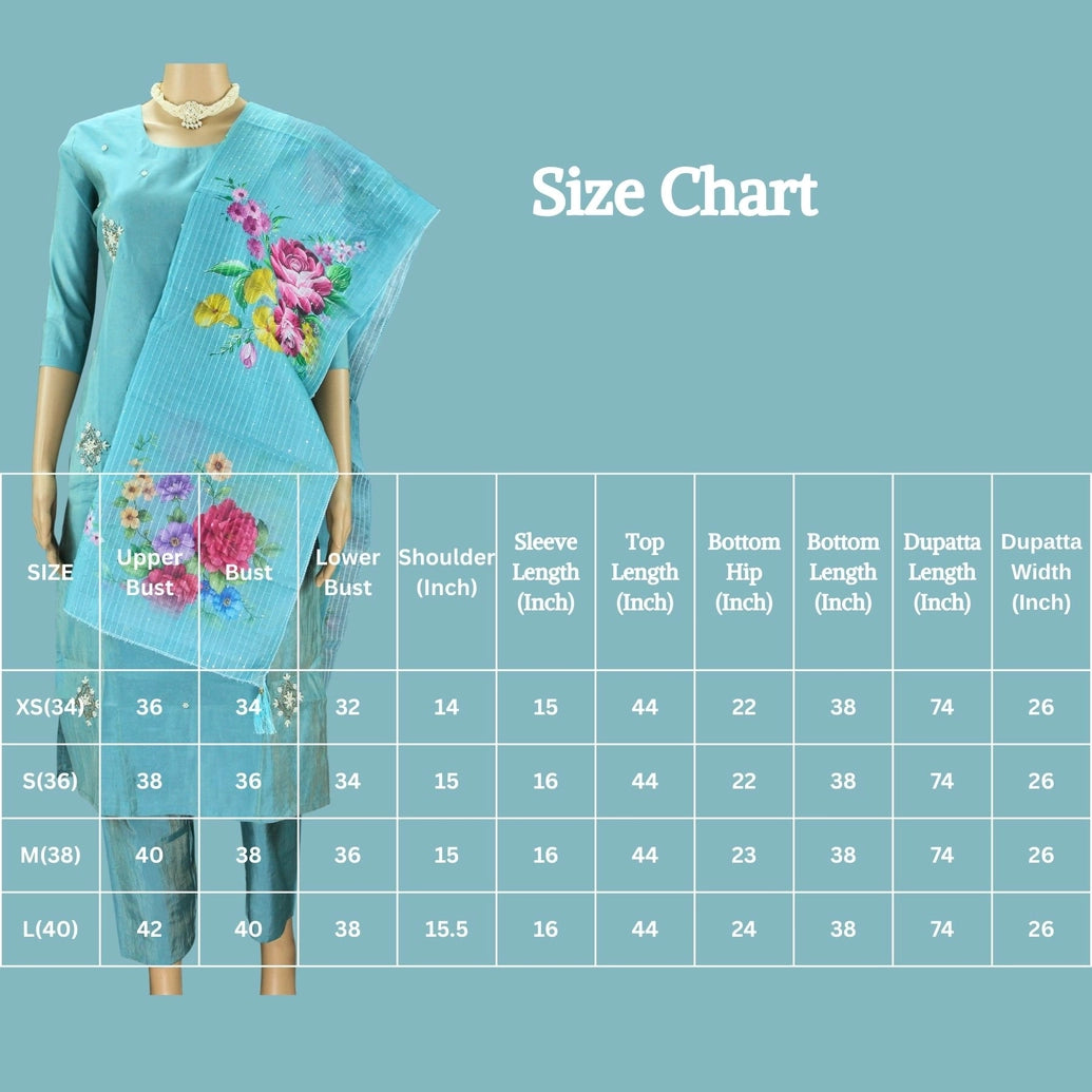 Pastel Blue Shimmer 3-Piece Salwar Suit with Aari & Pearl Embroidery, Organza Sequin and Printed Dupatta Kurti JCS Fashions