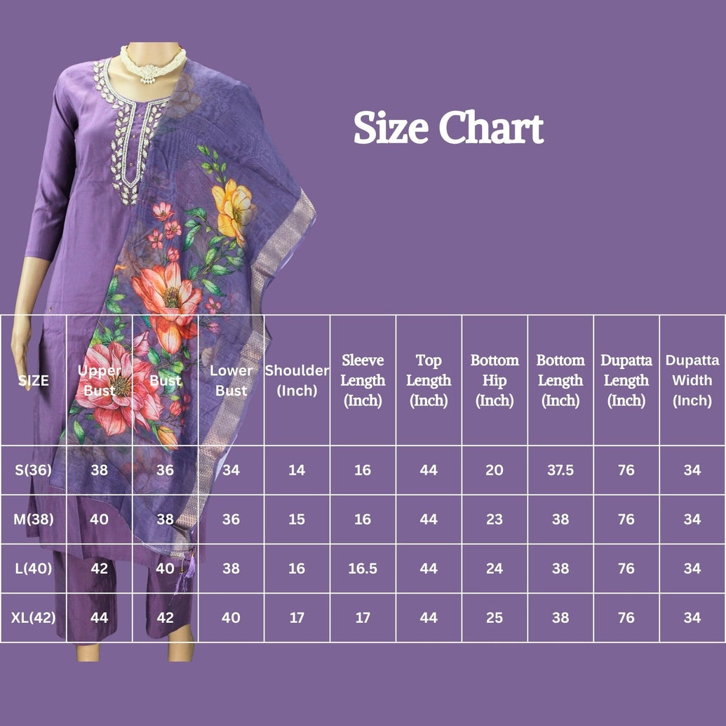 Lavender Roman Silk 3-Piece Salwar Suit with Organza Floral Digital Dupatta and Aari Pearl Neckwork Kurti JCS Fashions