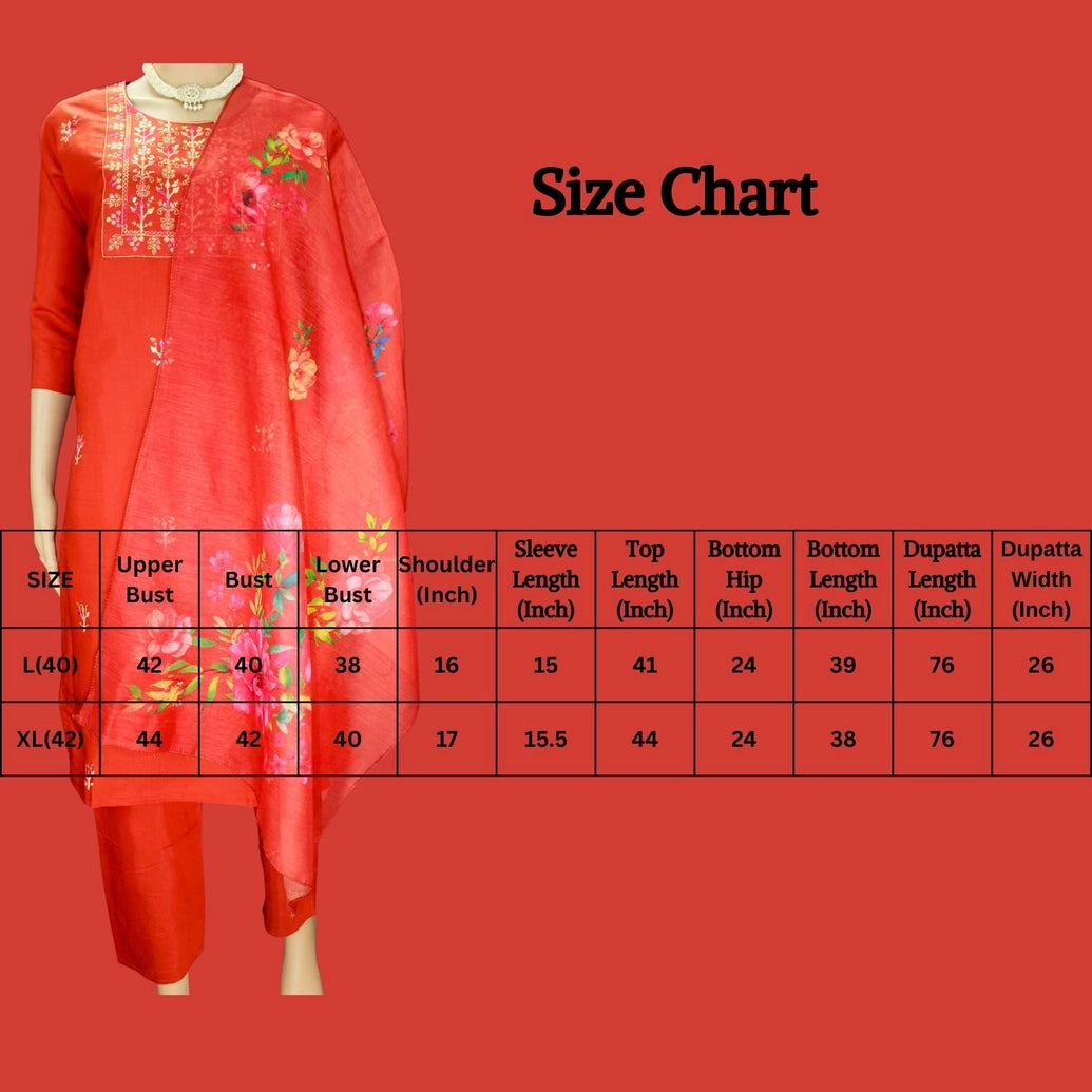 Roman Silk 3-Piece Salwar Kameez Set with Organza Digital Dupatta - Orange, Zari & Sequin Embroidered Neck