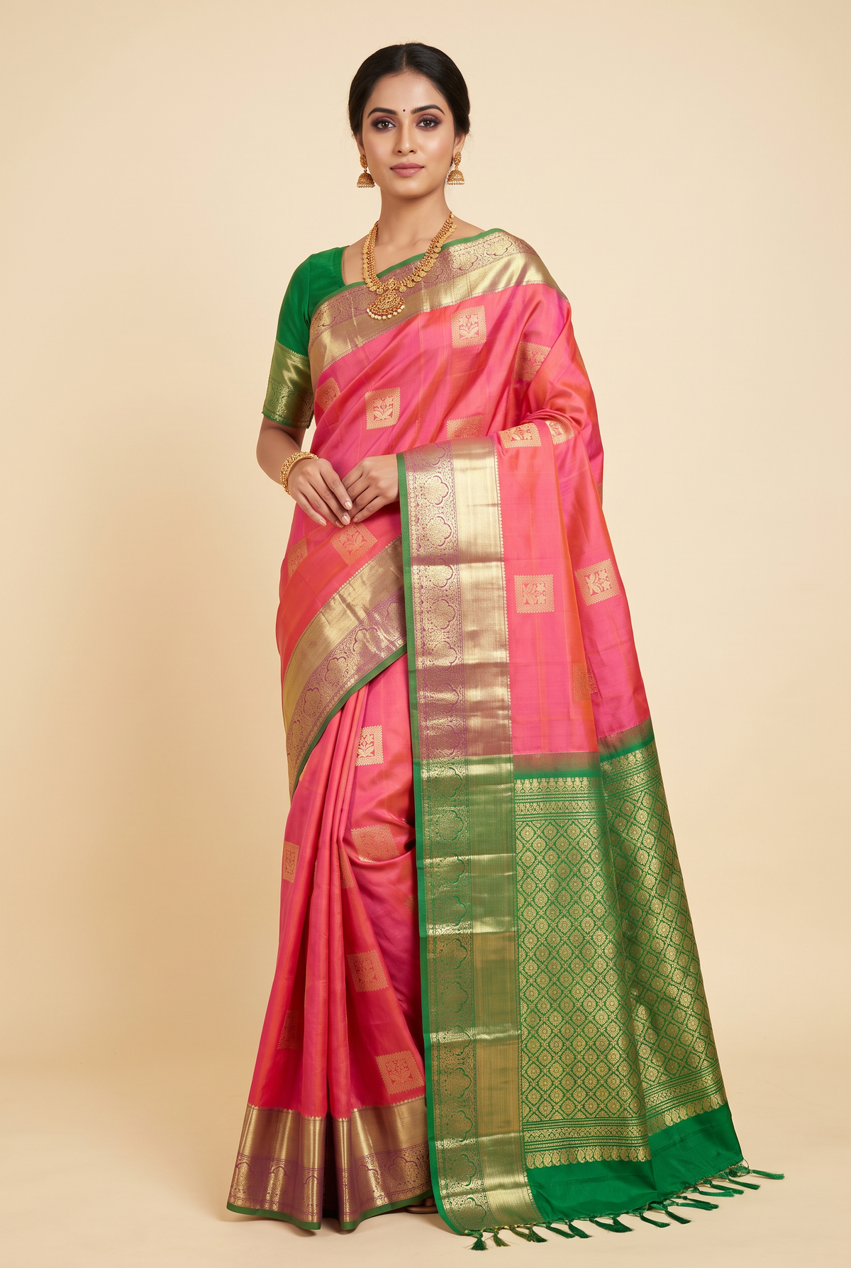 Green Kanchipuram Handloom Silk Saree With Stitched