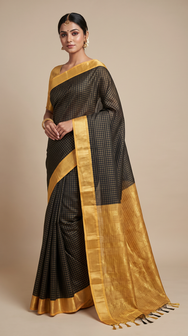 Black Kalyani Cotton Saree with Zari Checked & Peacock Border and Blouse