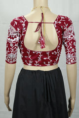 Maroon Readymade Designer Padded Blouse with Aari Work, Floral Embroidery, Elbow Sleeves & Back Knot