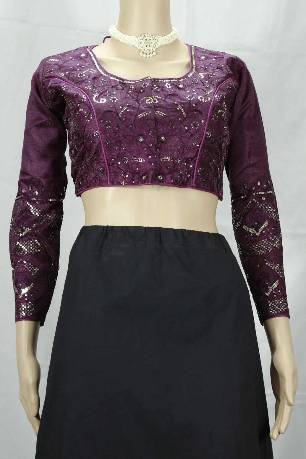 Purple Sequined Padded Designer Readymade Blouse, Full Sleeve with Back Knot & Back Patch, Fully Stitched