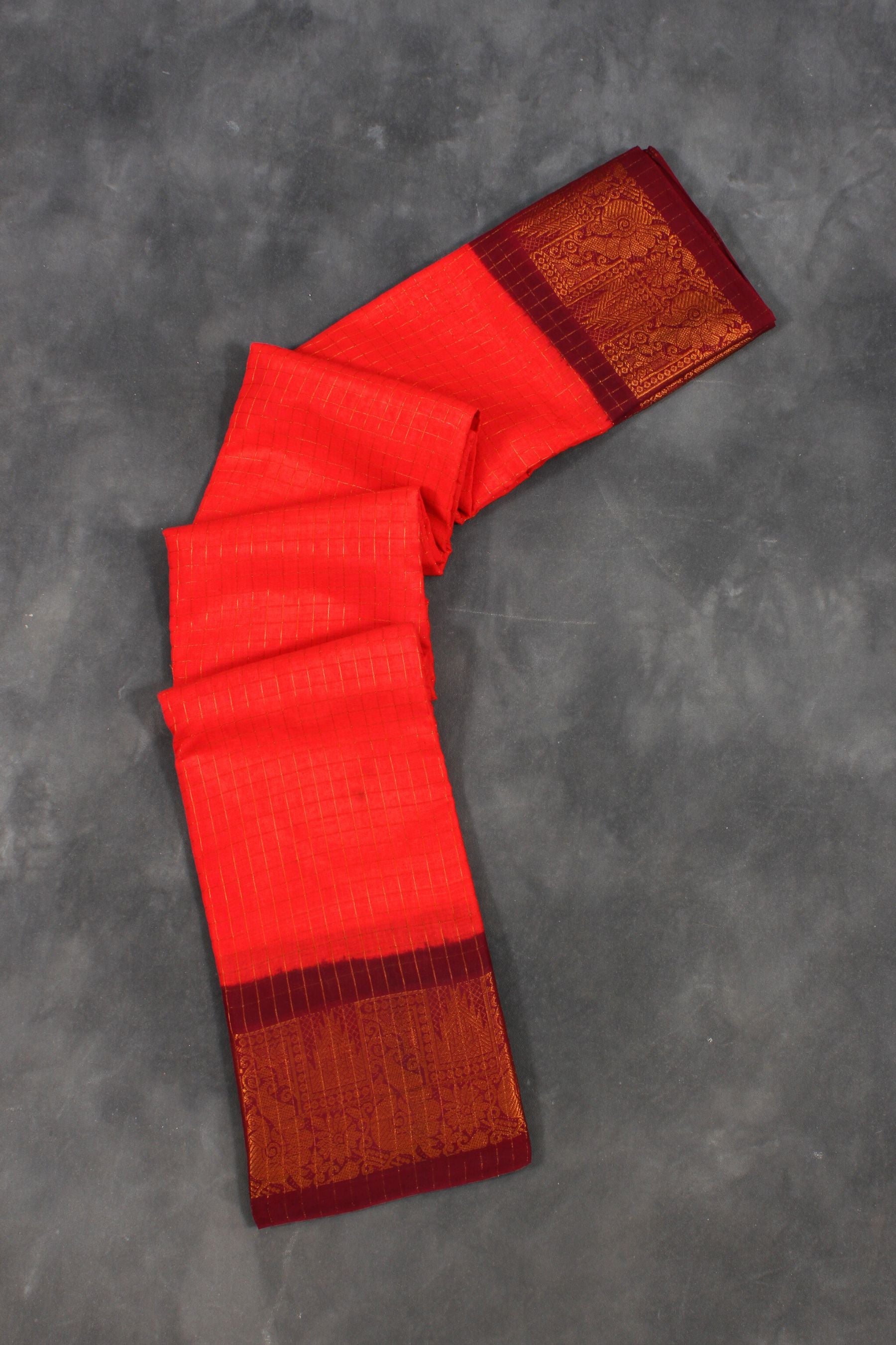 Elegant Madurai Sungudi Cotton Saree with Golden Checks and Zari Border Saree JCS Fashions Orange 5.5 meters