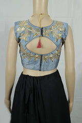 Grey Sleeveless Padded Designer Blouse with Golden Aari Work Floral Motifs and Beadwork, Back Knot