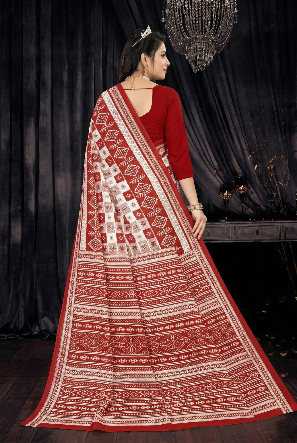 Red & White Cotton Printed Saree with Traditional Border, Ethnic Daily Wear for Women