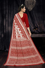 Red & White Cotton Printed Saree with Traditional Border, Ethnic Daily Wear for Women