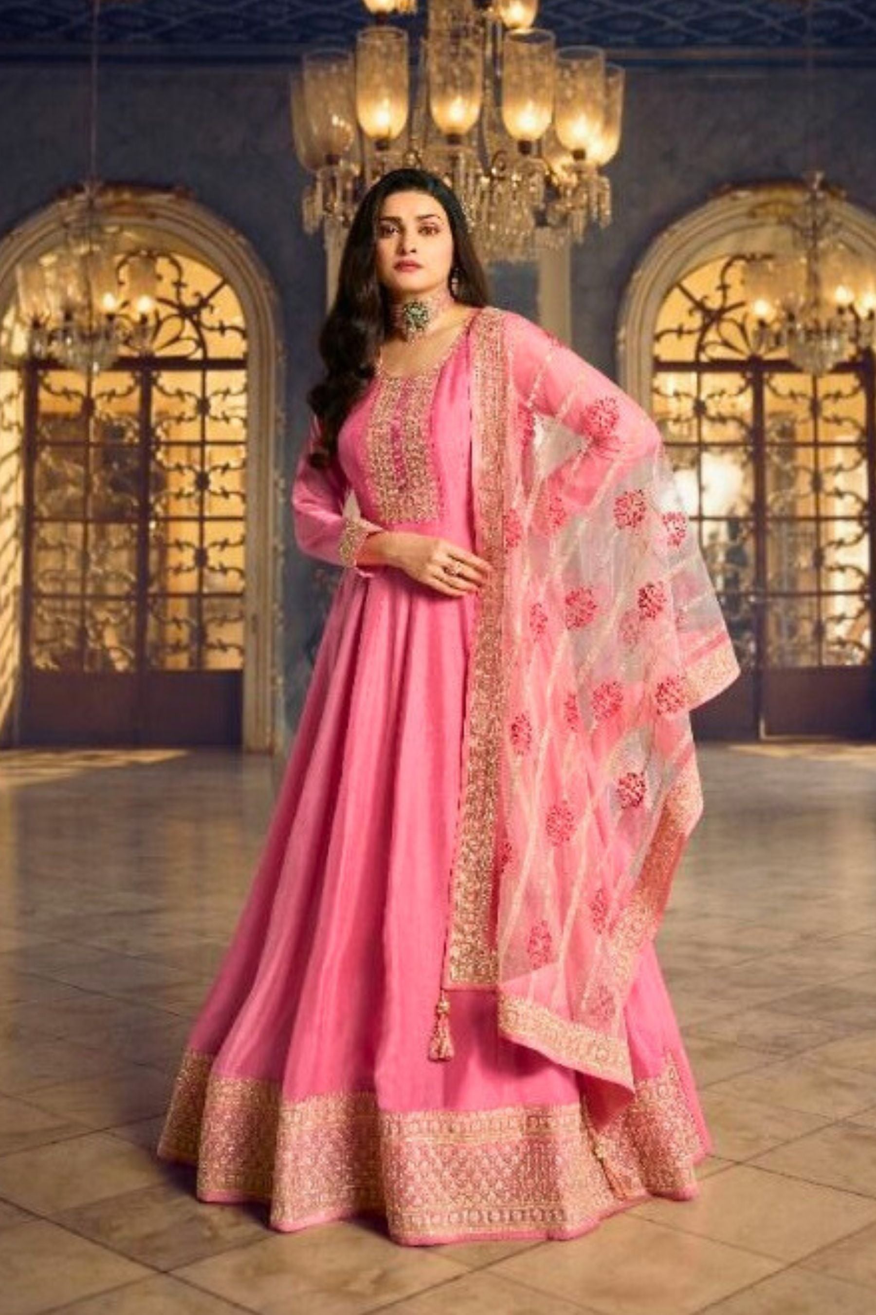 Stunning Dola Silk A-line Floor Length Gown in Pretty Pink KURTI JCS Fashions Pink Small (36)