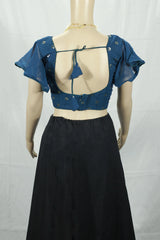 Navy Blue Designer Padded Blouse with Embroidery Work, Sleeve less and Back Knot, Fully Stitched Saree Wear