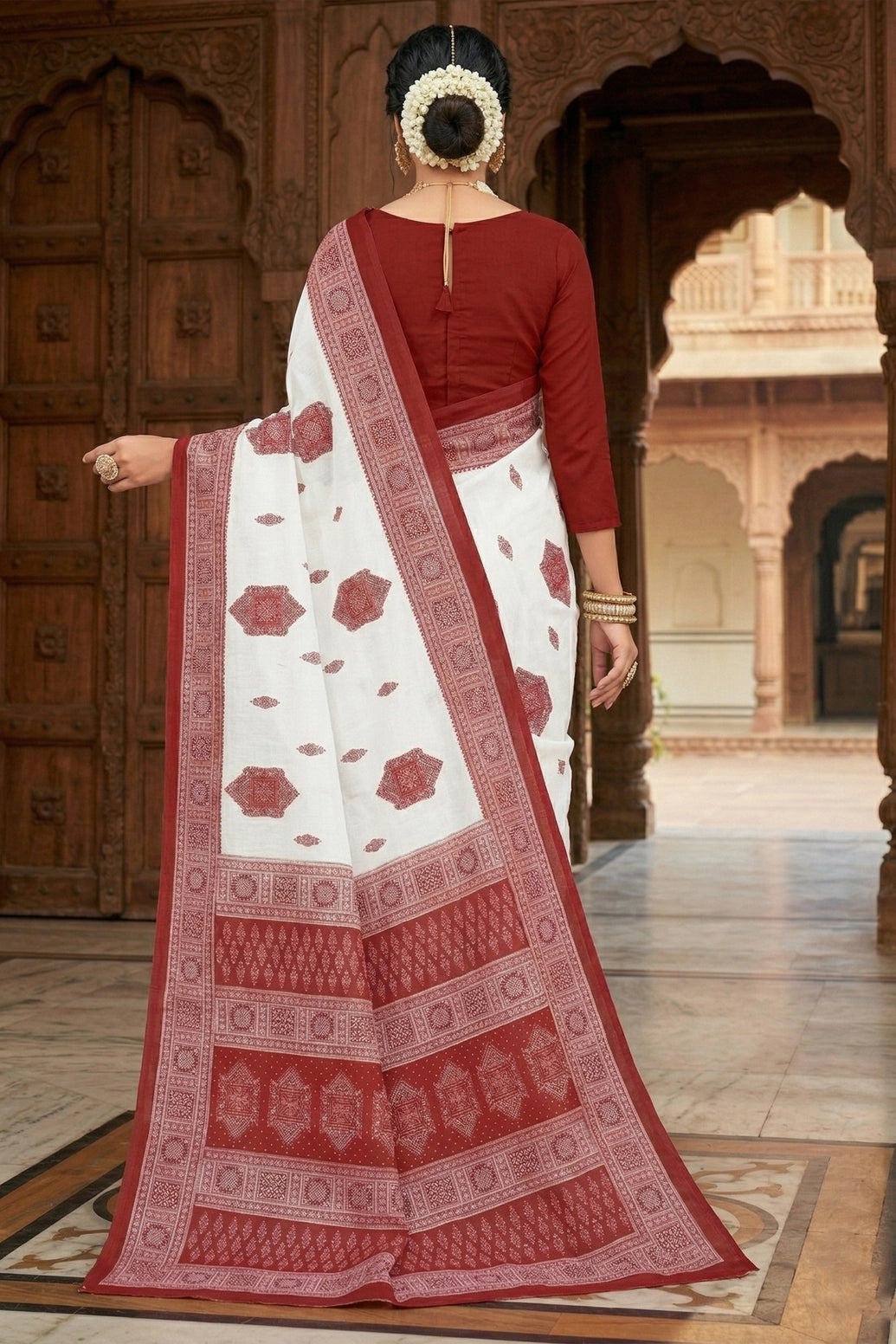 White & Red Pure Cotton Printed Saree with Border | Traditional Velvet-Style