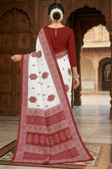 White & Red Pure Cotton Printed Saree with Border | Traditional Velvet-Style